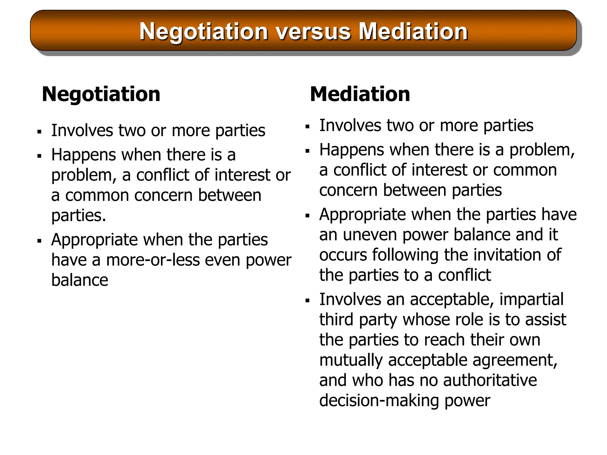 Negotiation versus Mediation
Negotiation
 Involves two or more parties
 Happens when there is a
problem, a conflict of interest or
a common concern between
parties.
 Appropriate when the parties
have a more-or-less even power
balance
Mediation
 Involves two or more parties
 Happens when there is a problem,
a conflict of interest or common
concern between parties
 Appropriate when the parties have
an uneven power balance and it
occurs following the invitation of
the parties to a conflict
 Involves an acceptable, impartial
third party whose role is to assist
the parties to reach their own
mutually acceptable agreement,
and who has no authoritative
decision-making power
 