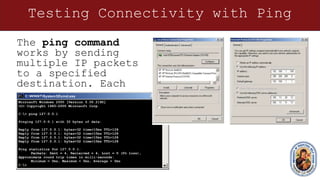 Testing Connectivity with Ping
The ping command
works by sending
multiple IP packets
to a specified
destination. Each
packet sent is a
request for a reply.
 