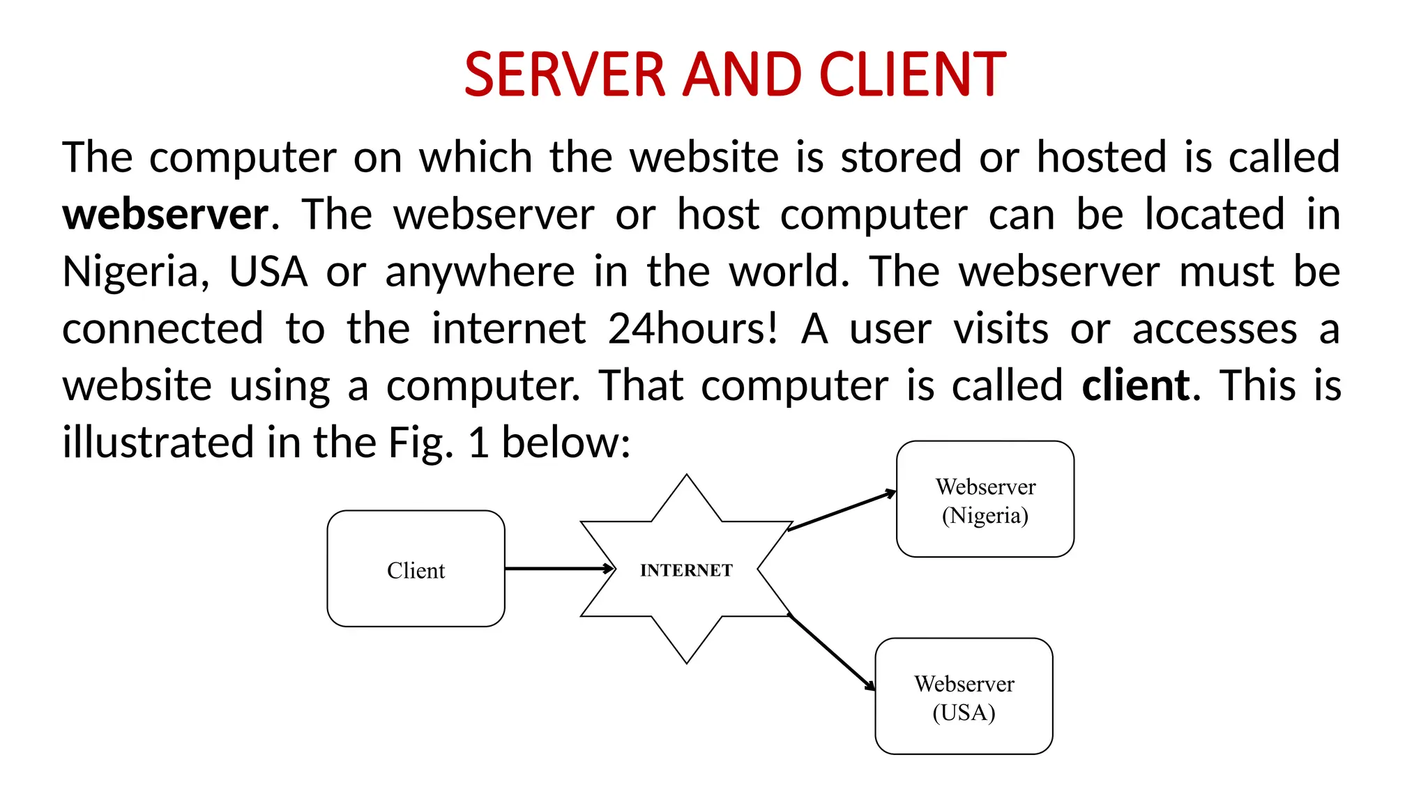 SERVER AND CLIENT
The computer on which the website is stored or hosted is called
webserver. The webserver or host computer can be located in
Nigeria, USA or anywhere in the world. The webserver must be
connected to the internet 24hours! A user visits or accesses a
website using a computer. That computer is called client. This is
illustrated in the Fig. 1 below:
INTERNET
Webserver
(Nigeria)
Webserver
(USA)
Client
 