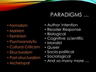 PARADIGMS …
• Formalism
• Marxism
• Feminism
• Psychoanalytic
• Cultural Criticism
• Structuralism
• Post-structuralism
• Archetypal
 