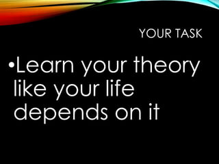 YOUR TASK
•Learn your theory
like your life
depends on it
 