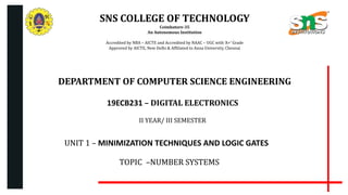 SNS COLLEGE OF TECHNOLOGY
Coimbatore-35
An Autonomous Institution
Accredited by NBA – AICTE and Accredited by NAAC – UGC with ‘A+’ Grade
Approved by AICTE, New Delhi & Affiliated to Anna University, Chennai
DEPARTMENT OF COMPUTER SCIENCE ENGINEERING
19ECB231 – DIGITAL ELECTRONICS
II YEAR/ III SEMESTER
UNIT 1 – MINIMIZATION TECHNIQUES AND LOGIC GATES
TOPIC –NUMBER SYSTEMS
 