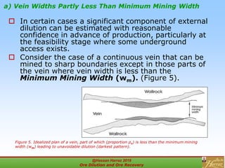 a) Vein Widths Partly Less Than Minimum Mining Width
 In certain cases a significant component of external
dilution can be estimated with reasonable
confidence in advance of production, particularly at
the feasibility stage where some underground
access exists.
 Consider the case of a continuous vein that can be
mined to sharp boundaries except in those parts of
the vein where vein width is less than the
Minimum Mining Width (wm). (Figure 5).
Figure 5. Idealized plan of a vein, part of which (proportion pc) is less than the minimum mining
width (wm) leading to unavoidable dilution (darkest pattern).
@Hassan Harraz 2019
Ore Dilution and Ore Recovery
2
 