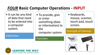 FOUR Basic Computer Operations - INPUT
19
• It can be any kind
of data that need
to be entered into
a computer
system.
Definition
• To provide, give
or enter
something (data
or information) to
the
computer system.
Function
• Keyboards,
mouse, scanner,
touch pad, touch
screen.
Example of Devices
 