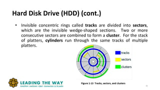 Hard Disk Drive (HDD) (cont.)
• Invisible concentric rings called tracks are divided into sectors,
which are the invisible wedge-shaped sections. Two or more
consecutive sectors are combined to form a cluster. For the stack
of platters, cylinders run through the same tracks of multiple
platters.
35
 