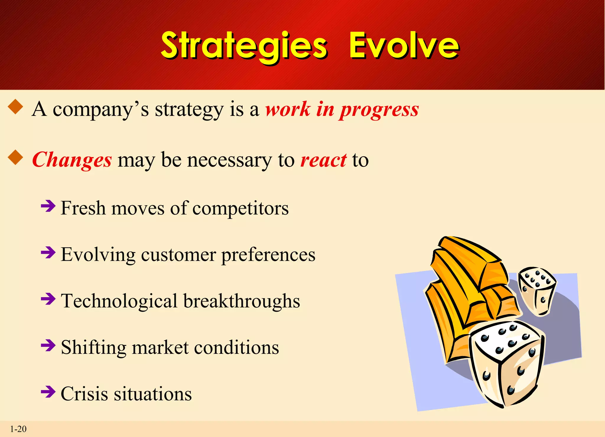 A company’s strategy is a  work in progress Changes   may be necessary to  react  to Fresh moves of competitors Evolving customer preferences Technological breakthroughs Shifting market conditions Crisis situations Strategies  Evolve 