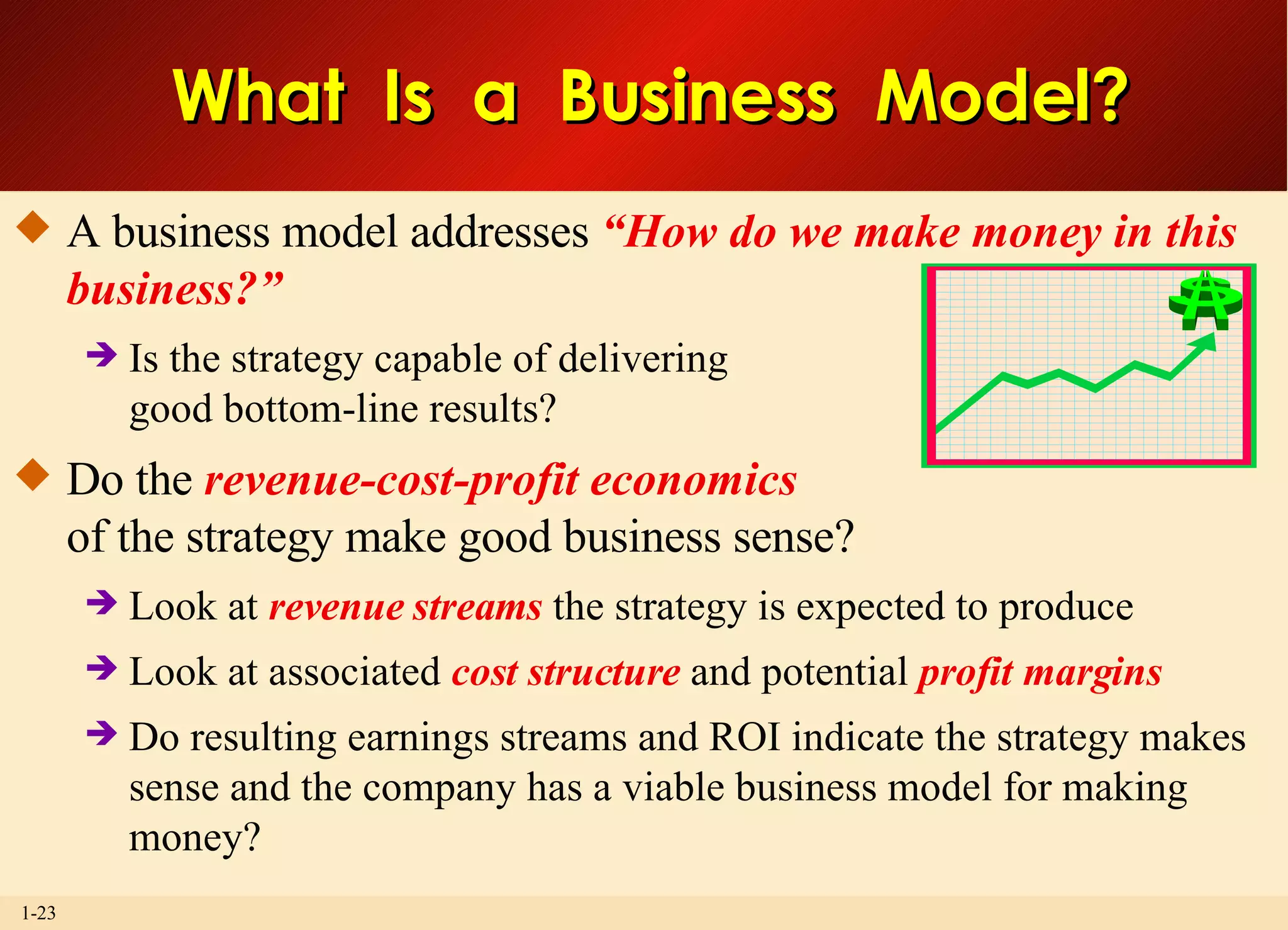What  Is  a  Business  Model?  A business model addresses  “How do we make money in this business?” Is the strategy capable of delivering good bottom-line results? Do the  revenue-cost-profit economics of the strategy make good business sense? Look at  revenue streams  the strategy is expected to produce Look at associated  cost structure  and potential  profit margins Do resulting earnings streams and ROI indicate the strategy makes sense and the company has a viable business model for making money? 