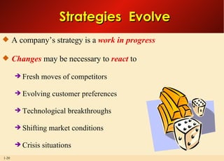 A company’s strategy is a  work in progress Changes   may be necessary to  react  to Fresh moves of competitors Evolving customer preferences Technological breakthroughs Shifting market conditions Crisis situations Strategies  Evolve 