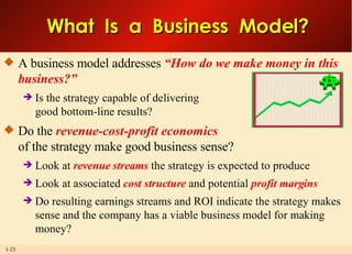 What  Is  a  Business  Model?  A business model addresses  “How do we make money in this business?” Is the strategy capable of delivering good bottom-line results? Do the  revenue-cost-profit economics of the strategy make good business sense? Look at  revenue streams  the strategy is expected to produce Look at associated  cost structure  and potential  profit margins Do resulting earnings streams and ROI indicate the strategy makes sense and the company has a viable business model for making money? 