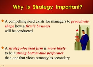 Why  Is  Strategy  Important? A compelling need exists for managers to  proactively shape  how a  firm’s business will be conducted A  strategy-focused firm  is  more likely to be a  strong bottom-line performer than one that views strategy as secondary 