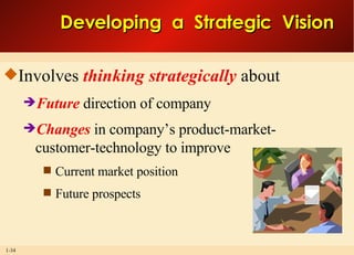 Developing  a  Strategic  Vision Involves  thinking strategically  about Future  direction of company Changes  in company’s product-market- customer-technology to improve Current market position Future prospects 