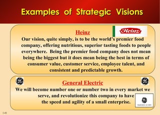 Examples  of  Strategic  Visions Heinz Our vision, quite simply, is to be the world’s premier food company, offering nutritious, superior tasting foods to people everywhere.  Being the premier food company does not mean being the biggest but it does mean being the best in terms of consumer value, customer service, employee talent, and consistent and predictable growth. General Electric We will become number one or number two in every market we serve, and revolutionize this company to have the speed and agility of a small enterprise. 