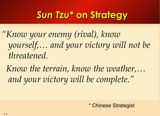 Sun Tzu*  on Strategy “ Know your enemy (rival), know yourself,… and your victory will not be threatened. Know the terrain, know the weather,… and your victory will be complete.” * Chinese Strategist 