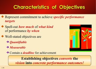Characteristics  of  Objectives Represent commitment to achieve  specific performance targets Spell-out  how much  of  what kind of performance  by when Well-stated objectives are Quantifiable Measurable Contain a  deadline  for achievement Establishing objectives  converts  the vision  into  concrete performance outcomes! 
