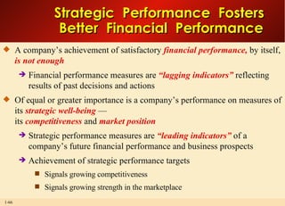 Strategic  Performance  Fosters  Better  Financial  Performance A company’s achievement of satisfactory  financial performance,  by itself,  is not enough   Financial performance measures are  “lagging indicators”  reflecting results of past decisions and actions Of equal or greater importance is a company’s performance on measures of its  strategic well-being  — its  competitiveness  and  market position Strategic performance measures are  “leading indicators”  of a company’s future financial performance and business prospects Achievement of strategic performance targets Signals growing competitiveness Signals growing strength in the marketplace  