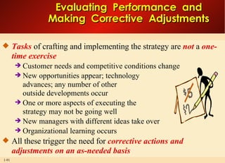 Tasks  of crafting and implementing the strategy are  not  a  one-time exercise Customer needs and competitive conditions change New opportunities appear; technology  advances; any number of other  outside developments occur One or more aspects of executing the strategy may not be going well New managers with different ideas take over Organizational learning occurs All these trigger the need for  corrective actions and adjustments on an as-needed basis Evaluating  Performance  and Making  Corrective  Adjustments 