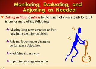 Monitoring,  Evaluating,  and  Adjusting  as  Needed Taking actions  to  adjust  to the march of events tends to result in one or more of the following Altering long-term direction and/or redefining the mission/vision Raising, lowering, or changing performance objectives Modifying the strategy Improving strategy execution  