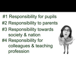 #1 Responsibility for pupils
#2 Responsibility to parents
#3 Responsibility towards
society & nation
#4 Responsibility for
colleagues & teaching
profession

 