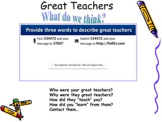 Great Teachers
Who were your great teachers?
Why were they great teachers?
How did they “teach” you?
How did you “learn” from them?
Contact them…
 