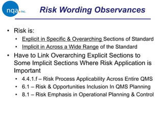 Risk Wording Observances
• Risk is:
• Explicit in Specific & Overarching Sections of Standard
• Implicit in Across a Wide Range of the Standard
• Have to Link Overarching Explicit Sections to
Some Implicit Sections Where Risk Application is
Important
• 4.4.1.f – Risk Process Applicability Across Entire QMS
• 6.1 – Risk & Opportunities Inclusion In QMS Planning
• 8.1 – Risk Emphasis in Operational Planning & Control
 