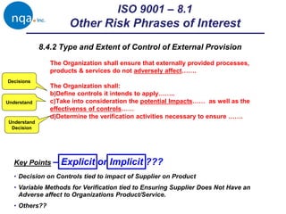 ISO 9001 – 8.1
Other Risk Phrases of Interest
8.4.2 Type and Extent of Control of External Provision
The Organization shall ensure that externally provided processes,
products & services do not adversely affect…….
The Organization shall:
b)Define controls it intends to apply……..
c)Take into consideration the potential Impacts…… as well as the
effectivenss of controls……
d)Determine the verification activities necessary to ensure …….
Key Points – Explicit or Implicit ???
Decisions
Understand
Decision
Understand
• Decision on Controls tied to impact of Supplier on Product
• Variable Methods for Verification tied to Ensuring Supplier Does Not Have an
Adverse affect to Organizations Product/Service.
• Others??
 
