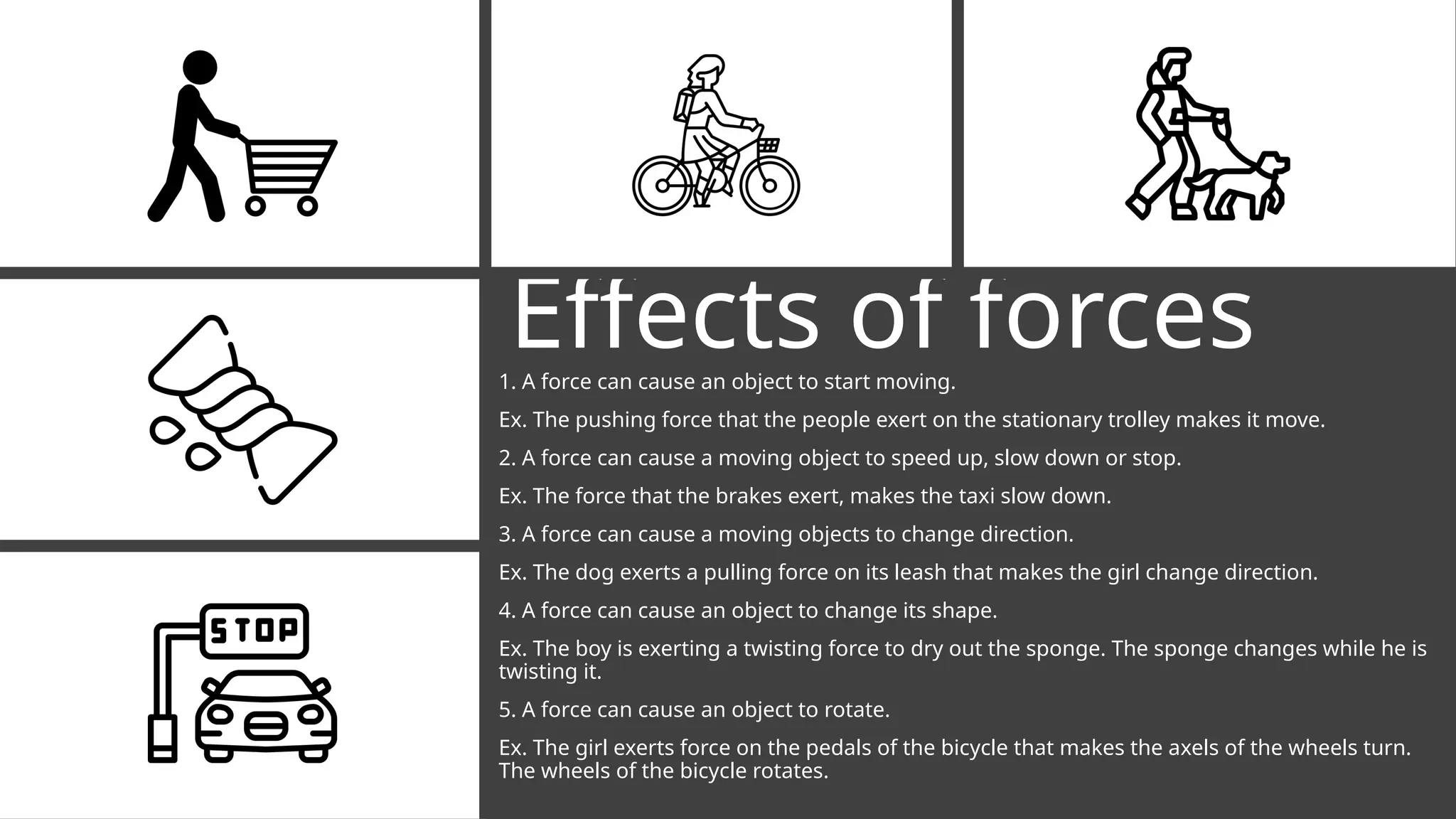Effects of forces
1. A force can cause an object to start moving.
Ex. The pushing force that the people exert on the stationary trolley makes it move.
2. A force can cause a moving object to speed up, slow down or stop.
Ex. The force that the brakes exert, makes the taxi slow down.
3. A force can cause a moving objects to change direction.
Ex. The dog exerts a pulling force on its leash that makes the girl change direction.
4. A force can cause an object to change its shape.
Ex. The boy is exerting a twisting force to dry out the sponge. The sponge changes while he is
twisting it.
5. A force can cause an object to rotate.
Ex. The girl exerts force on the pedals of the bicycle that makes the axels of the wheels turn.
The wheels of the bicycle rotates.
 