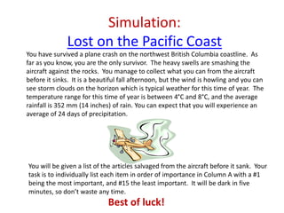 Simulation:
Lost on the Pacific Coast
You have survived a plane crash on the northwest British Columbia coastline. As
far as you know, you are the only survivor. The heavy swells are smashing the
aircraft against the rocks. You manage to collect what you can from the aircraft
before it sinks. It is a beautiful fall afternoon, but the wind is howling and you can
see storm clouds on the horizon which is typical weather for this time of year. The
temperature range for this time of year is between 4°C and 8°C, and the average
rainfall is 352 mm (14 inches) of rain. You can expect that you will experience an
average of 24 days of precipitation.
Best of luck!
You will be given a list of the articles salvaged from the aircraft before it sank. Your
task is to individually list each item in order of importance in Column A with a #1
being the most important, and #15 the least important. It will be dark in five
minutes, so don’t waste any time.
 