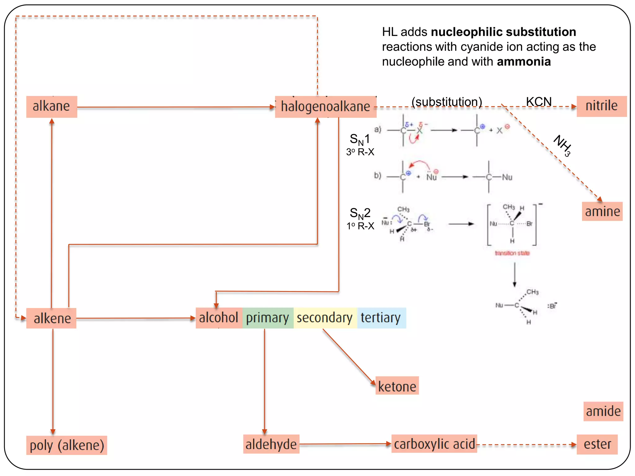 HL adds nucleophilic substitution
         reactions with cyanide ion acting as the
         nucleophile and with ammonia


              (substitution)       KCN

SN1
3o R-X




SN2
1o R-X
 