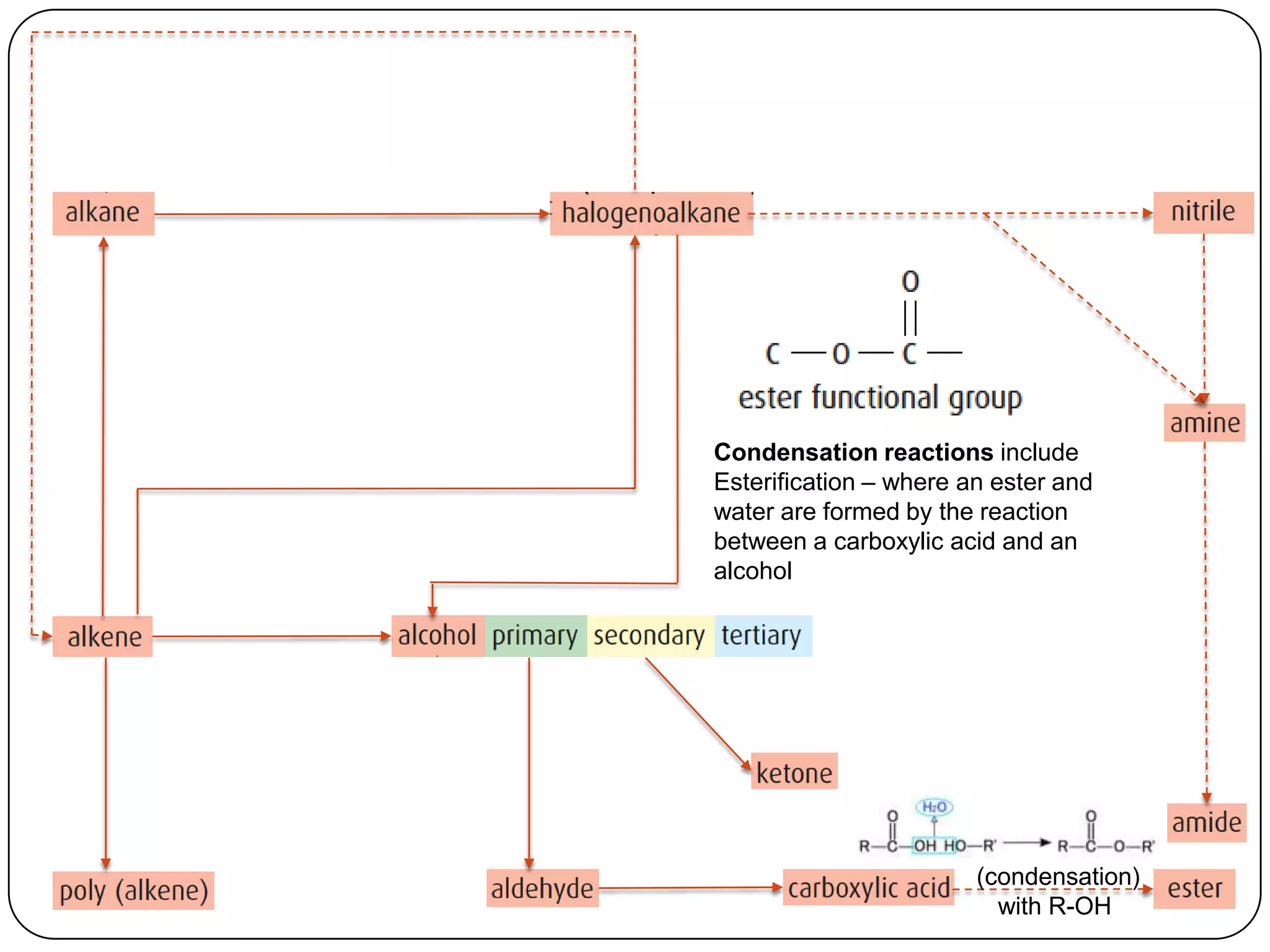Condensation reactions include
Esterification – where an ester and
water are formed by the reaction
between a carboxylic acid and an
alcohol




                        (condensation)
                          with R-OH
 