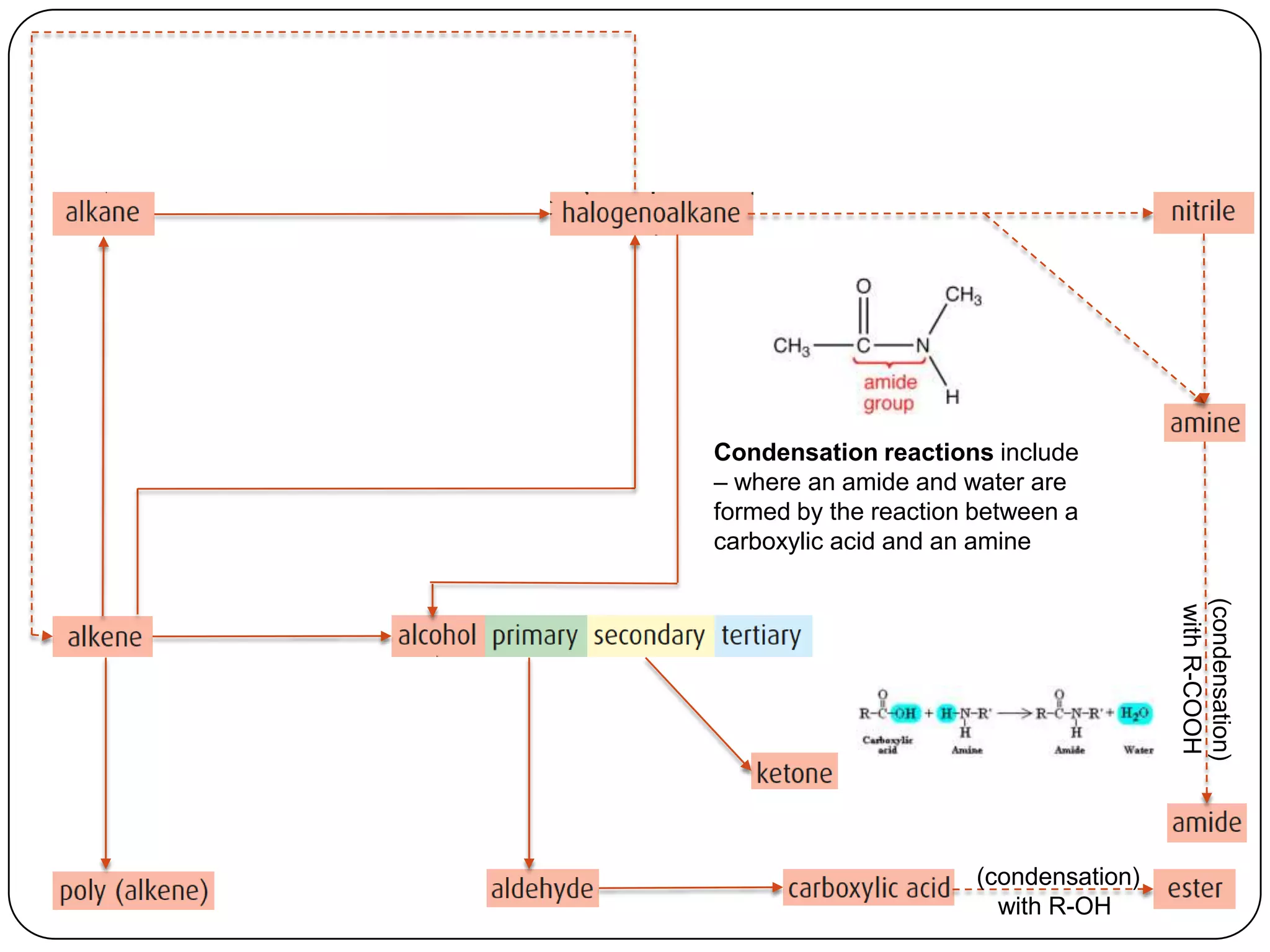 Condensation reactions include
– where an amide and water are
formed by the reaction between a
carboxylic acid and an amine




                                        (condensation)
                                         with R-COOH
                       (condensation)
                         with R-OH
 