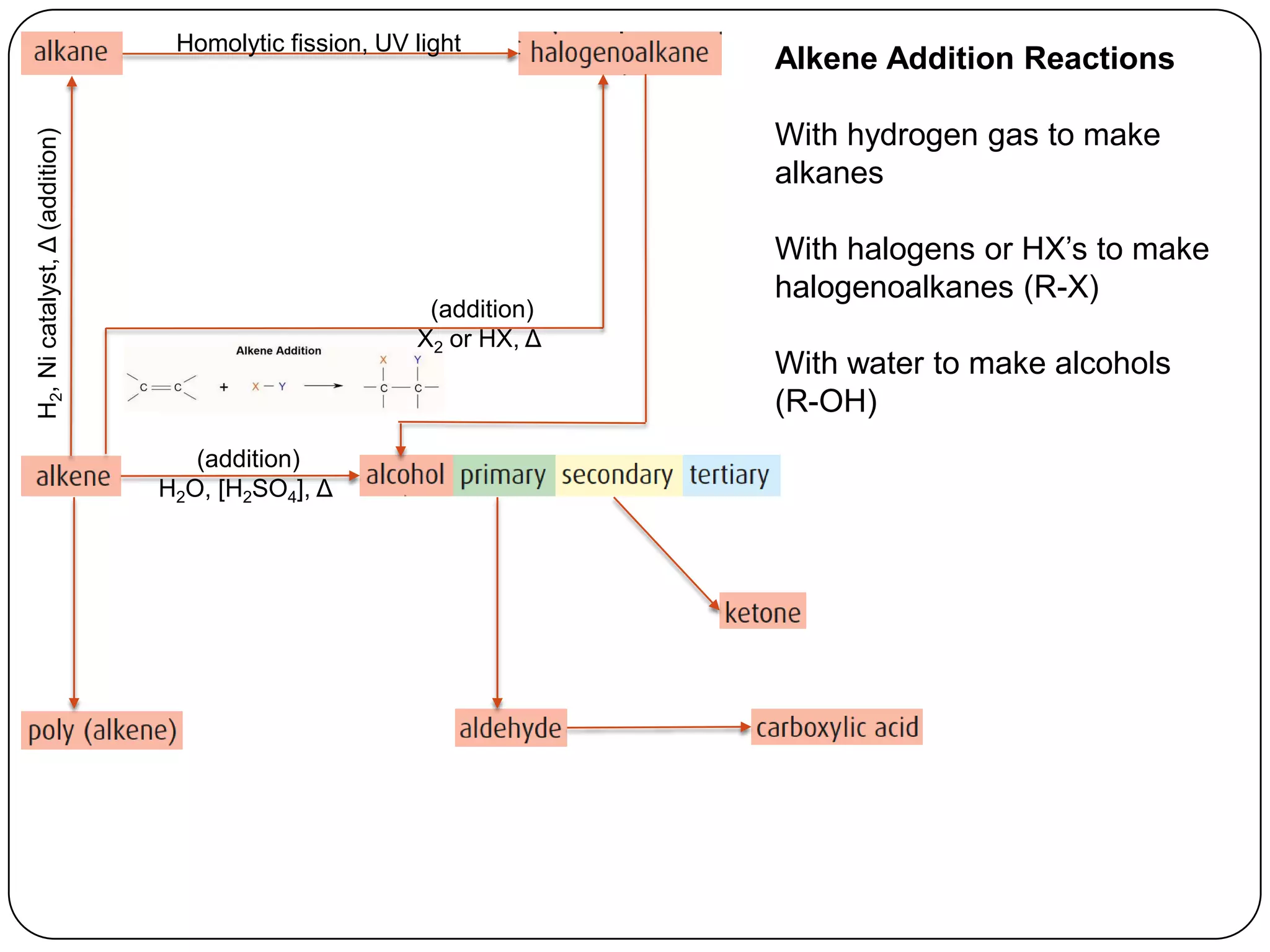 Homolytic fission, UV light
                                                                     Alkene Addition Reactions

                                                                     With hydrogen gas to make
H2, Ni catalyst, Δ (addition)




                                                                     alkanes

                                                                     With halogens or HX’s to make
                                                                     halogenoalkanes (R-X)
                                                        (addition)
                                                       X2 or HX, Δ
                                                                     With water to make alcohols
                                                                     (R-OH)
                                   (addition)
                                H2O, [H2SO4], Δ
 