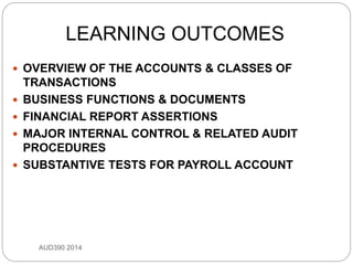 LEARNING OUTCOMES
AUD390 2014
 OVERVIEW OF THE ACCOUNTS & CLASSES OF
TRANSACTIONS
 BUSINESS FUNCTIONS & DOCUMENTS
 FINANCIAL REPORT ASSERTIONS
 MAJOR INTERNAL CONTROL & RELATED AUDIT
PROCEDURES
 SUBSTANTIVE TESTS FOR PAYROLL ACCOUNT
 