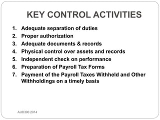 KEY CONTROL ACTIVITIES
AUD390 2014
1. Adequate separation of duties
2. Proper authorization
3. Adequate documents & records
4. Physical control over assets and records
5. Independent check on performance
6. Preparation of Payroll Tax Forms
7. Payment of the Payroll Taxes Withheld and Other
Withholdings on a timely basis
 