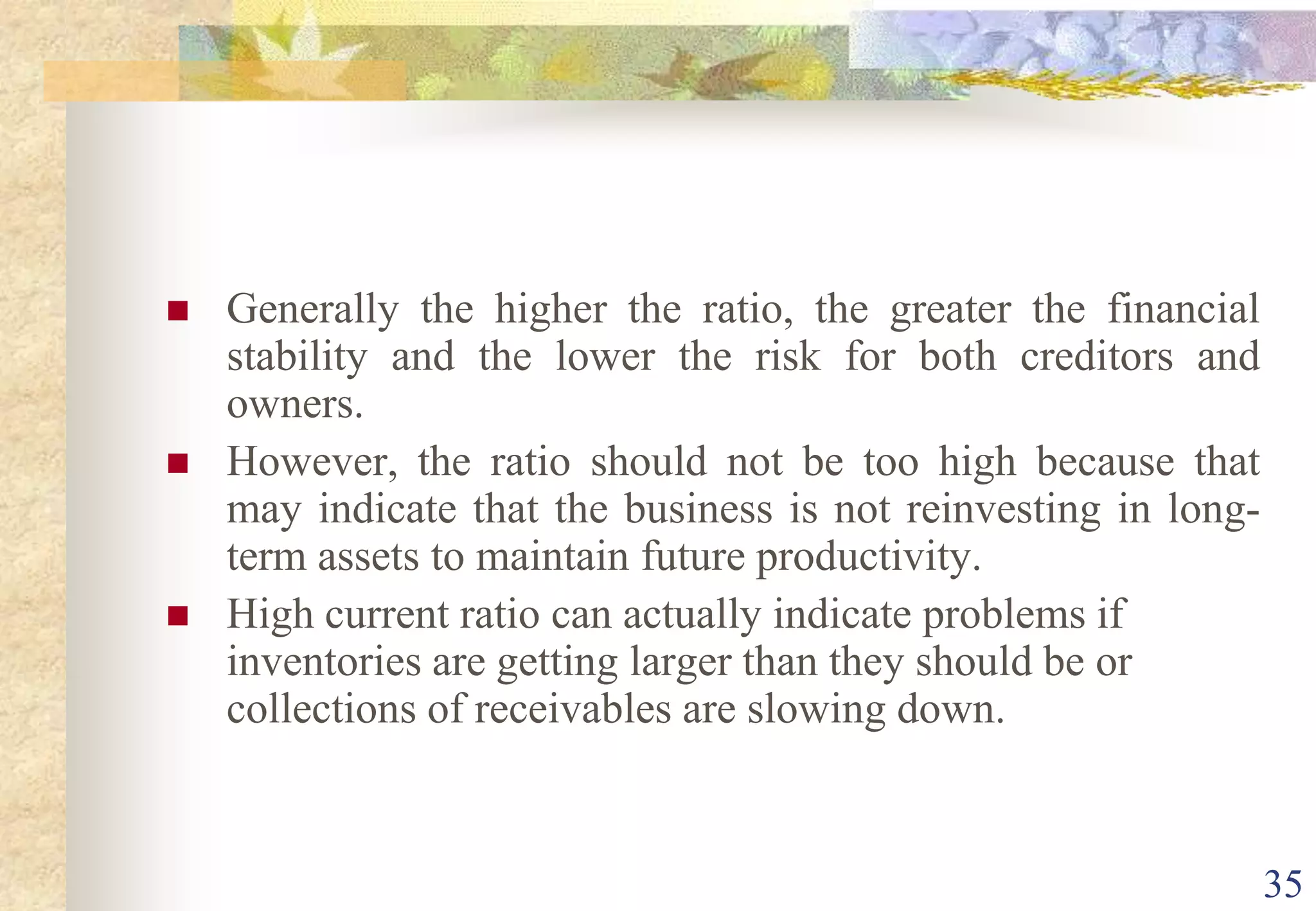 31Continue…ii.	Gross Profit MarginIt measures the percentage of one ringgit of sales that results in gross income.=Sales – Cost of Goods Sold    x 100%				     	             Sales			=	Gross Profit    x 100%Salesiii.	Net Profit MarginIt measures the percentage of one ringgit of sales that results in net income.	=	 Profit or earning after tax        x      100%			Sales