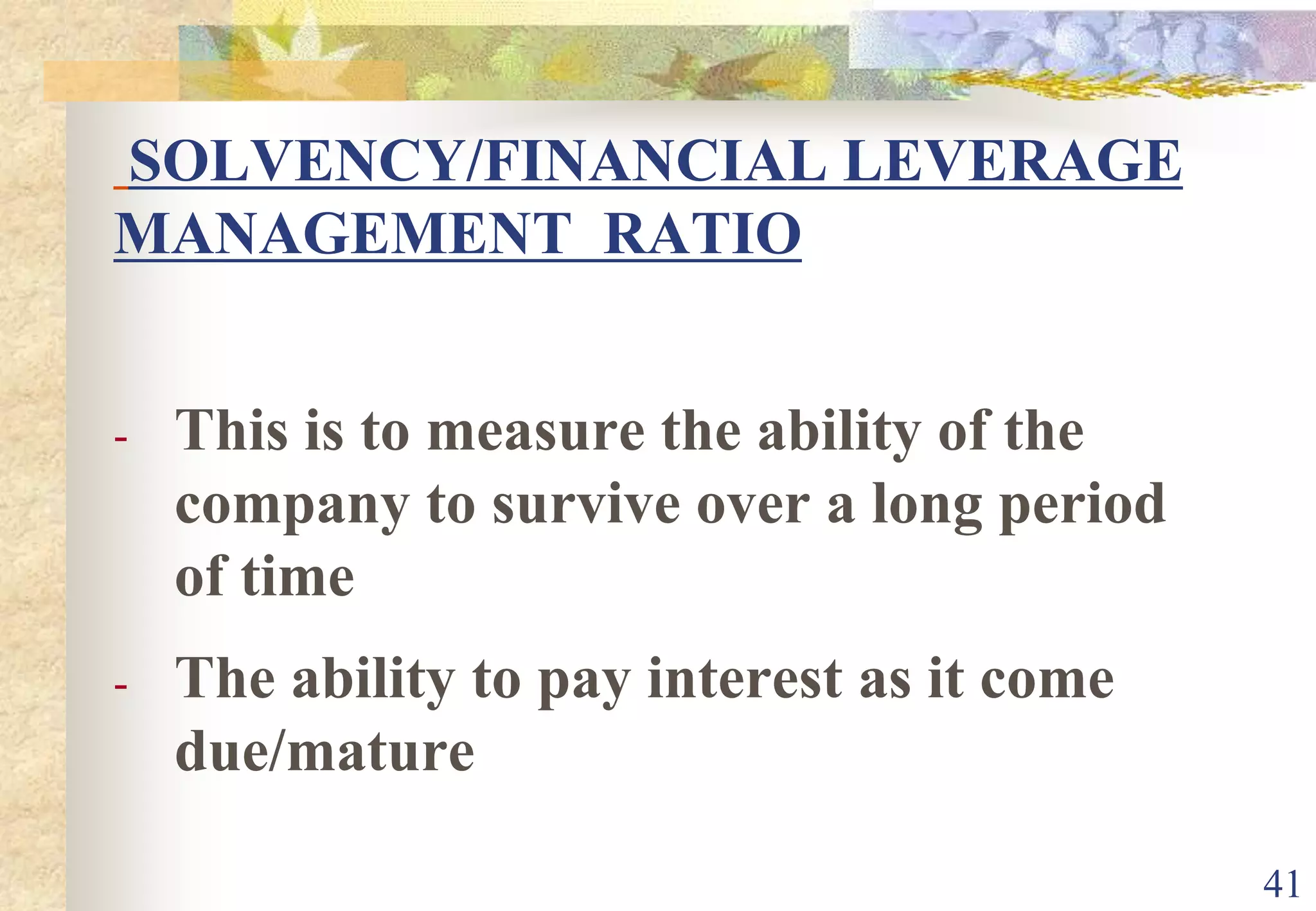 37EFFICIENCY RATIO1.  Debtors collection periodMeasures how long it takes customers to pay=	 Average debtors  x 365 days  OR365 days		    Credit salesdebtors turnoverThis ratio indicates how many days it takes, on average to collect a day’s sale revenue.The quicker a business collects and bank the money, the better it is to the companyLarge numbers of days is a negative signal, raising questions about the company’s policies of granting credit such as;Unrestricted credit policiesLonger credit limitCollection attempts is not very strength