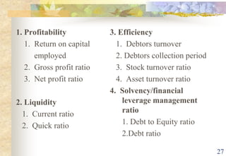 271. Profitability    1.  Return on capital             employed    2.  Gross profit ratio    3.  Net profit ratio2. Liquidity   1.  Current ratio   2.  Quick ratio3. Efficiency   1.  Debtors turnover   2. Debtors collection period   3.  Stock turnover ratio   4.  Asset turnover ratio4.  Solvency/financial leverage management ratio      1. Debt to Equity ratio	2.Debt ratio