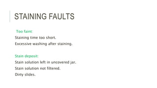 STAINING FAULTS
Too faint:
Staining time too short.
Excessive washing after staining.
Stain deposit:
Stain solution left in uncovered jar.
Stain solution not filtered.
Dirty slides.
 