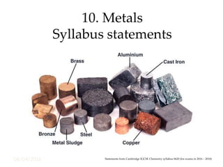08/04/2016
10. Metals
Syllabus statements
Statements from Cambridge IGCSE Chemistry syllabus 0620 (for exams in 2016 – 2018)
 