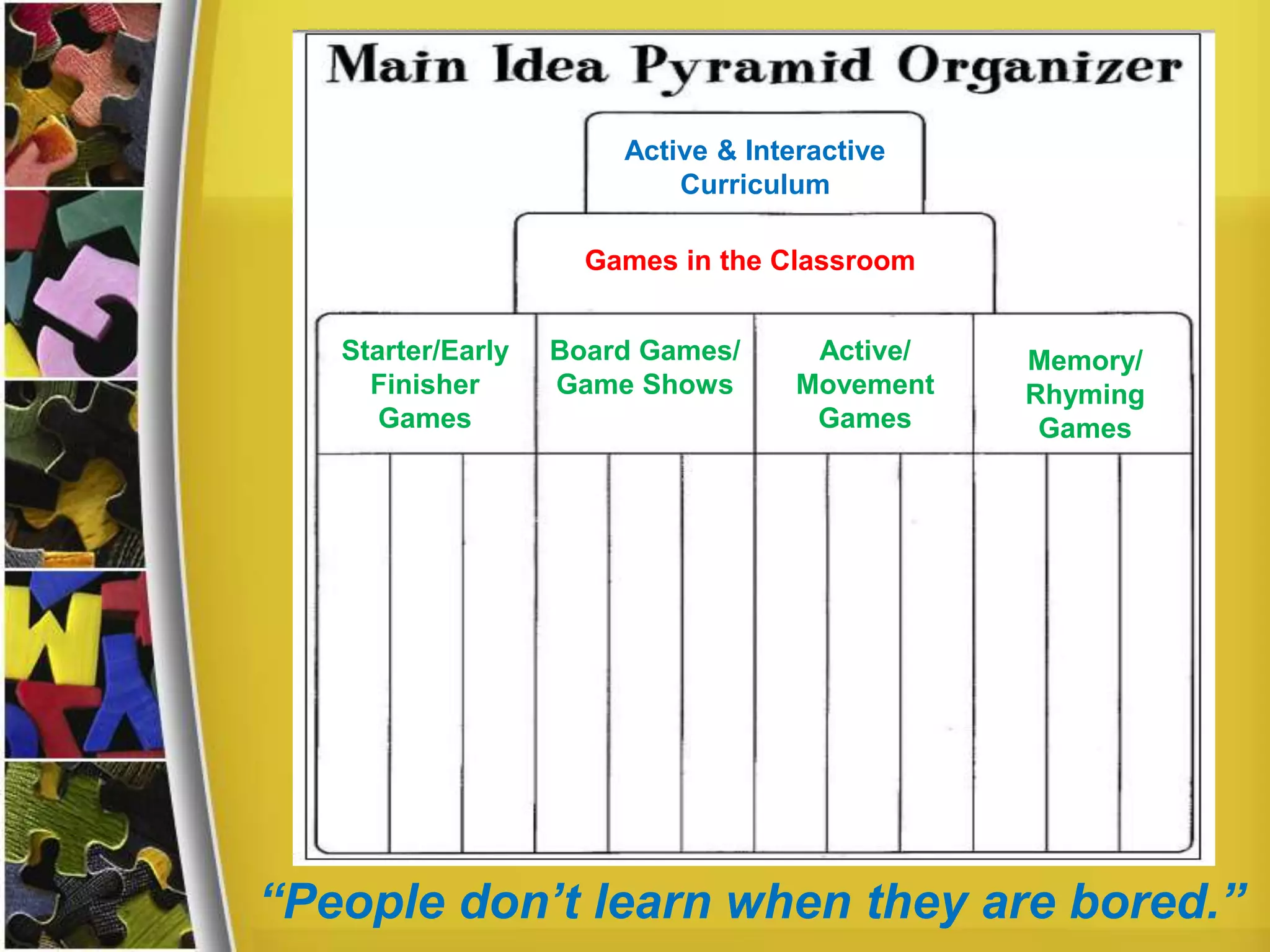 Active & Interactive
Curriculum
Games in the Classroom
Starter/Early
Finisher
Games
Board Games/
Game Shows
Active/
Movement
Games
Memory/
Rhyming
Games
“People don’t learn when they are bored.”