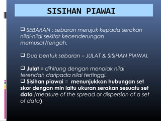 SISIHAN PIAWAI
 SEBARAN : sebaran merujuk kepada serakan
nilai-nilai sekitar kecenderungan
memusat/tengah.

 Dua bentuk sebaran – JULAT & SISIHAN PIAWAI.

 Julat = dihitung dengan menolak nilai
terendah daripada nilai tertinggi.
 Sisihan piawai = menunjukkan hubungan set
skor dengan min iaitu ukuran serakan sesuatu set
data (measure of the spread or dispersion of a set
of data)
 