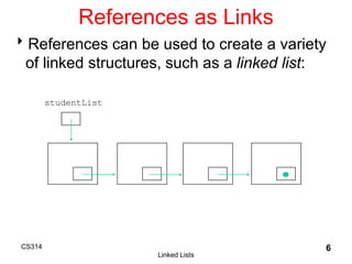 Linked Lists
6
References as Links
References can be used to create a variety
of linked structures, such as a linked list:
studentList
CS314
 