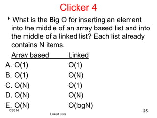 Clicker 4
What is the Big O for inserting an element
into the middle of an array based list and into
the middle of a link...