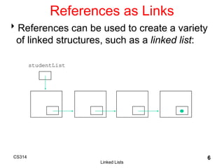 Linked Lists
6
References as Links
References can be used to create a variety
of linked structures, such as a linked list...
