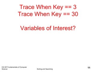 CS 307 Fundamentals of Computer
Science Sorting and Searching
11
Trace When Key == 3
Trace When Key == 30
Variables of Interest?
 