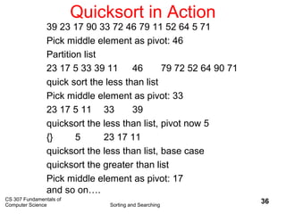 CS 307 Fundamentals of
Computer Science Sorting and Searching
36
Quicksort in Action
39 23 17 90 33 72 46 79 11 52 64 5 71
Pick middle element as pivot: 46
Partition list
23 17 5 33 39 11 46 79 72 52 64 90 71
quick sort the less than list
Pick middle element as pivot: 33
23 17 5 11 33 39
quicksort the less than list, pivot now 5
{} 5 23 17 11
quicksort the less than list, base case
quicksort the greater than list
Pick middle element as pivot: 17
and so on….
 