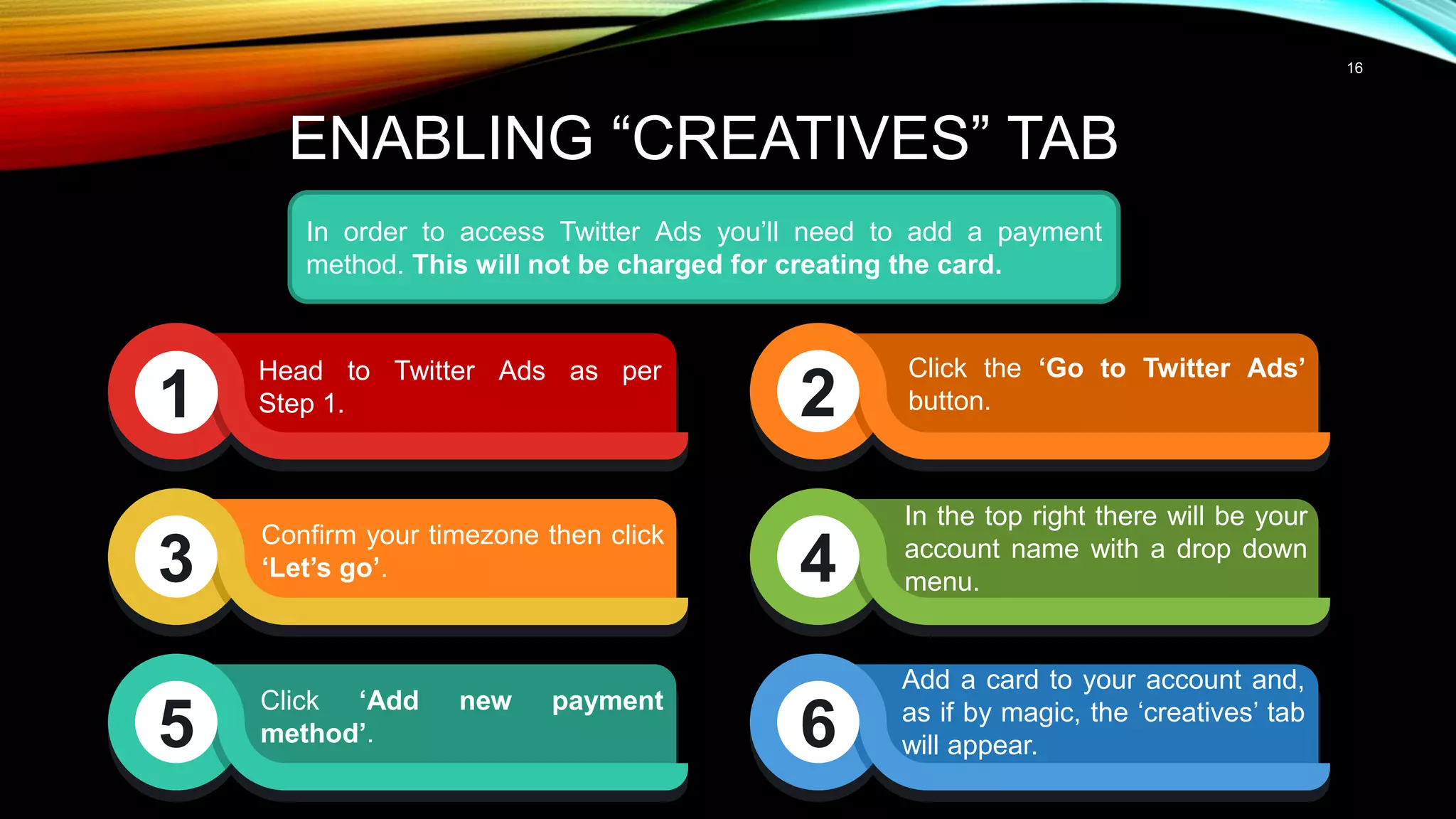 16
Head to Twitter Ads as per
Step 1.
Click the ‘Go to Twitter Ads’
button.
3
1 2
4
5 6
ENABLING “CREATIVES” TAB
In order to access Twitter Ads you’ll need to add a payment
method. This will not be charged for creating the card.
Confirm your timezone then click
‘Let’s go’.
In the top right there will be your
account name with a drop down
menu.
Click ‘Add new payment
method’.
Add a card to your account and,
as if by magic, the ‘creatives’ tab
will appear.
 