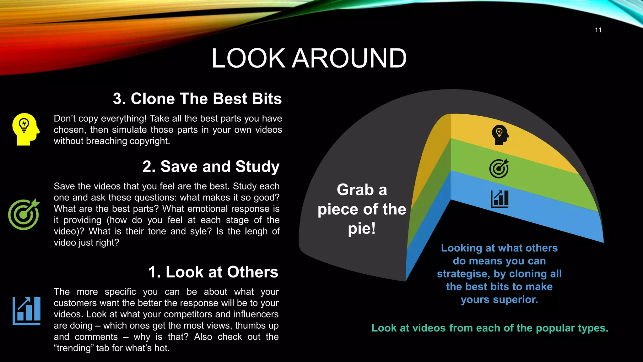 11
LOOK AROUND
Grab a
piece of the
pie!
2. Save and Study
Save the videos that you feel are the best. Study each
one and ask these questions: what makes it so good?
What are the best parts? What emotional response is
it providing (how do you feel at each stage of the
video)? What is their tone and syle? Is the lengh of
video just right?
1. Look at Others
The more specific you can be about what your
customers want the better the response will be to your
videos. Look at what your competitors and influencers
are doing – which ones get the most views, thumbs up
and comments – why is that? Also check out the
“trending” tab for what’s hot.
3. Clone The Best Bits
Don’t copy everything! Take all the best parts you have
chosen, then simulate those parts in your own videos
without breaching copyright.
Looking at what others
do means you can
strategise, by cloning all
the best bits to make
yours superior.
Look at videos from each of the popular types.
 