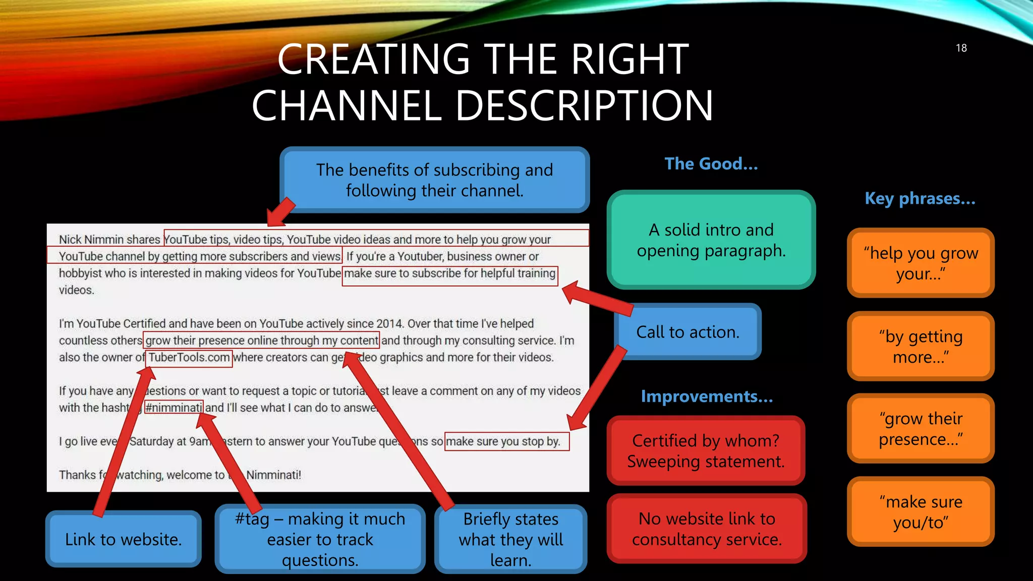 Briefly states
what they will
learn.
18
CREATING THE RIGHT
CHANNEL DESCRIPTION
The benefits of subscribing and
following their channel.
Call to action.
Link to website.
A solid intro and
opening paragraph.
Key phrases…
“by getting
more…”
“help you grow
your…”
“grow their
presence…”
“make sure
you/to”
#tag – making it much
easier to track
questions.
Certified by whom?
Sweeping statement.
The Good…
Improvements…
No website link to
consultancy service.
 