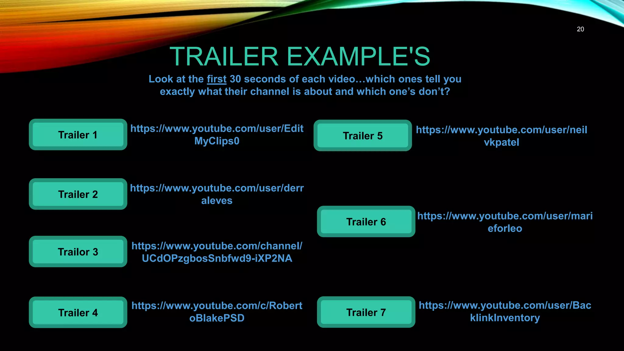 20
TRAILER EXAMPLE'S
Trailer 1
Trailer 2
Trailor 3
Trailer 4
Trailer 5
Trailer 6
Trailer 7
https://www.youtube.com/user/Edit
MyClips0
https://www.youtube.com/user/derr
aleves
https://www.youtube.com/channel/
UCdOPzgbosSnbfwd9-iXP2NA
https://www.youtube.com/c/Robert
oBlakePSD
https://www.youtube.com/user/neil
vkpatel
https://www.youtube.com/user/Bac
klinkInventory
https://www.youtube.com/user/mari
eforleo
Look at the first 30 seconds of each video…which ones tell you
exactly what their channel is about and which one’s don’t?
 