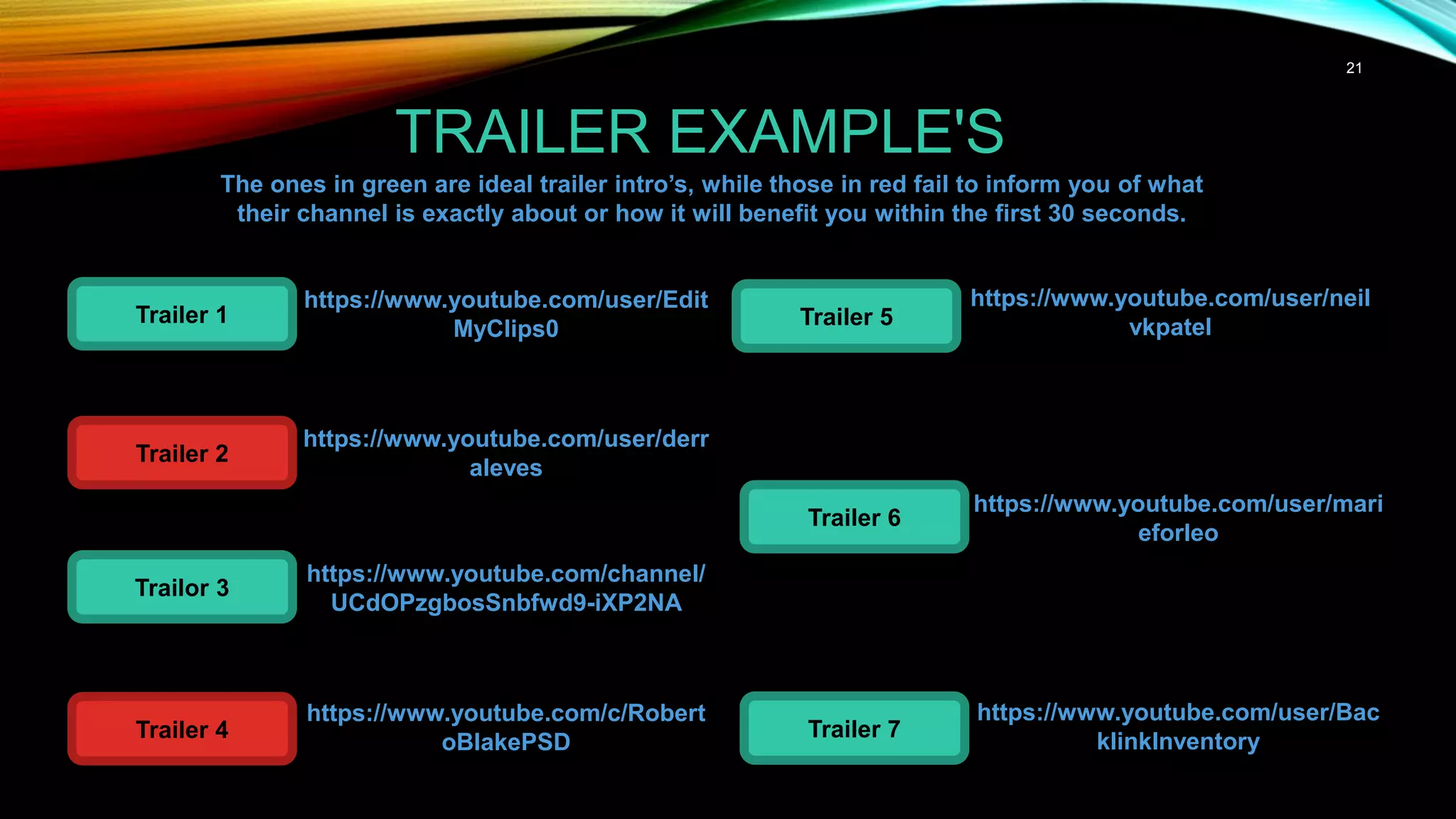 21
TRAILER EXAMPLE'S
Trailer 1
Trailer 2
Trailor 3
Trailer 4
Trailer 5
Trailer 6
Trailer 7
https://www.youtube.com/user/Edit
MyClips0
https://www.youtube.com/user/derr
aleves
https://www.youtube.com/channel/
UCdOPzgbosSnbfwd9-iXP2NA
https://www.youtube.com/c/Robert
oBlakePSD
https://www.youtube.com/user/neil
vkpatel
https://www.youtube.com/user/Bac
klinkInventory
https://www.youtube.com/user/mari
eforleo
The ones in green are ideal trailer intro’s, while those in red fail to inform you of what
their channel is exactly about or how it will benefit you within the first 30 seconds.
 